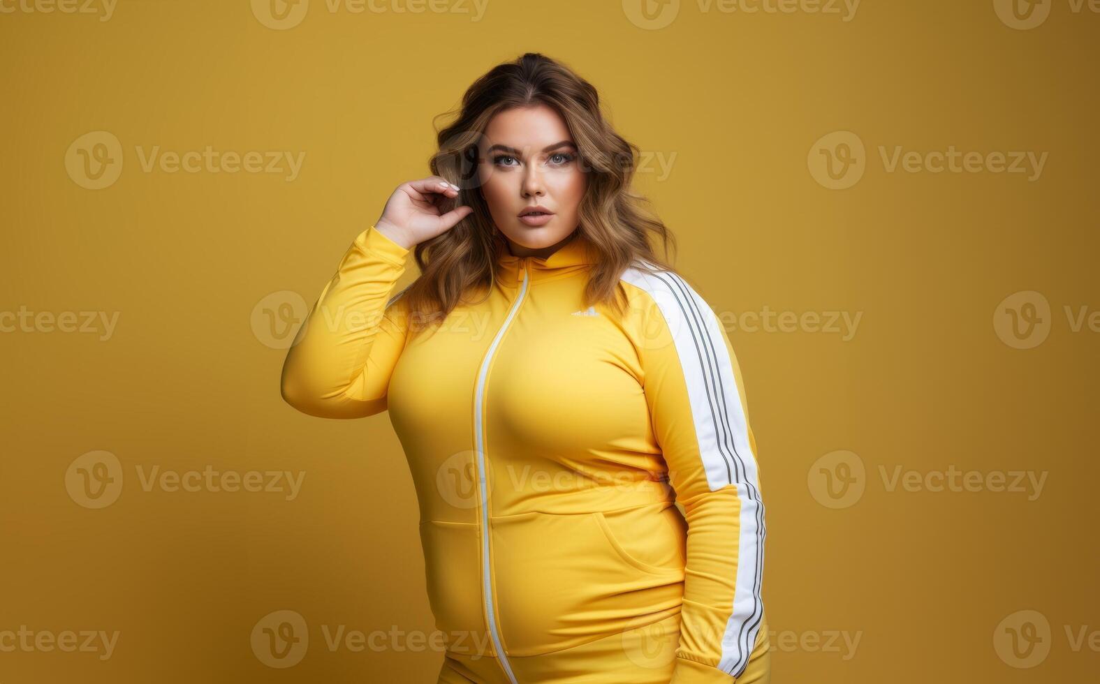 A plus-size woman in yellow activewear commands attention on a yellow mat, radiating strength and determination. Generated image photo