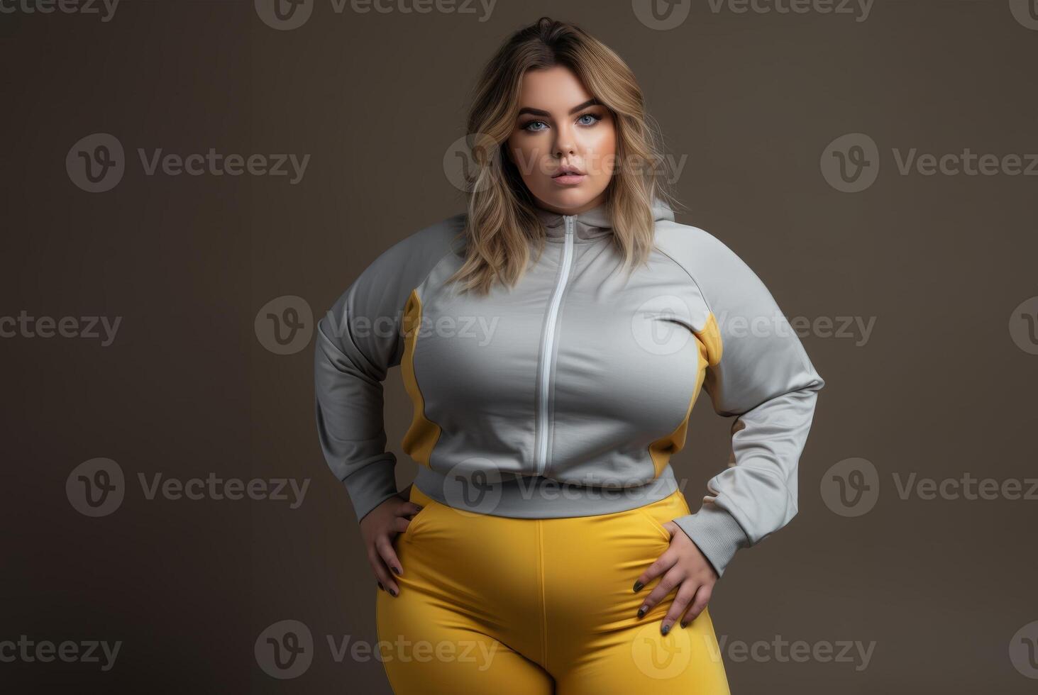 A plus-size woman in yellow activewear commands attention on a grey mat, radiating strength and determination. Generated image photo