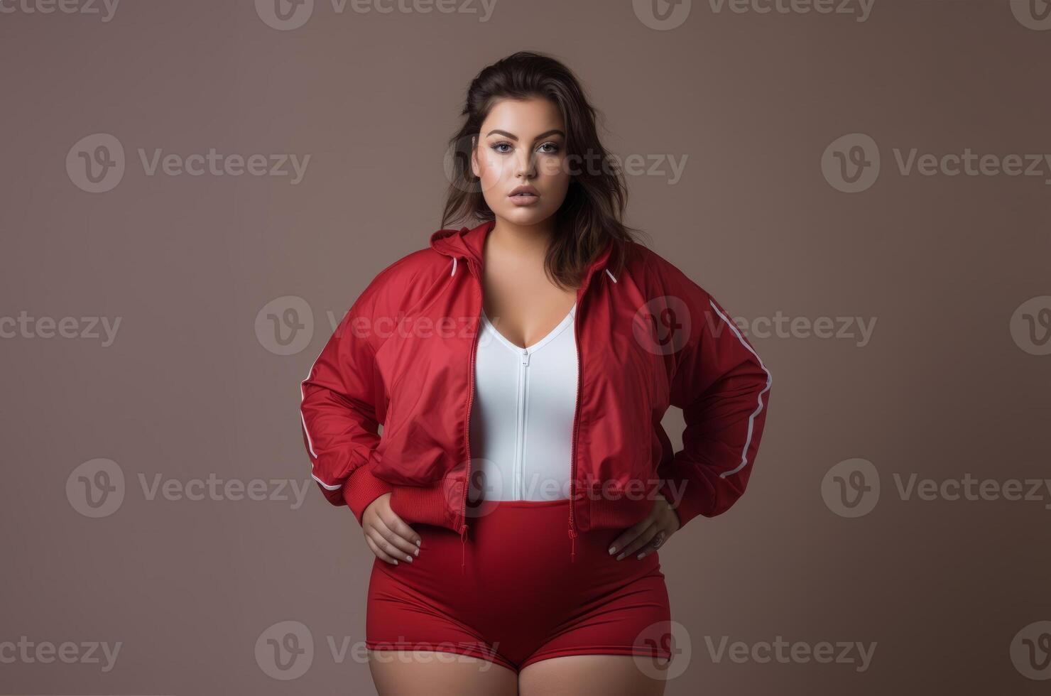 A plus-size woman in red sportswear poses confidently against a red backdrop, radiating strength and determination.Generated image photo