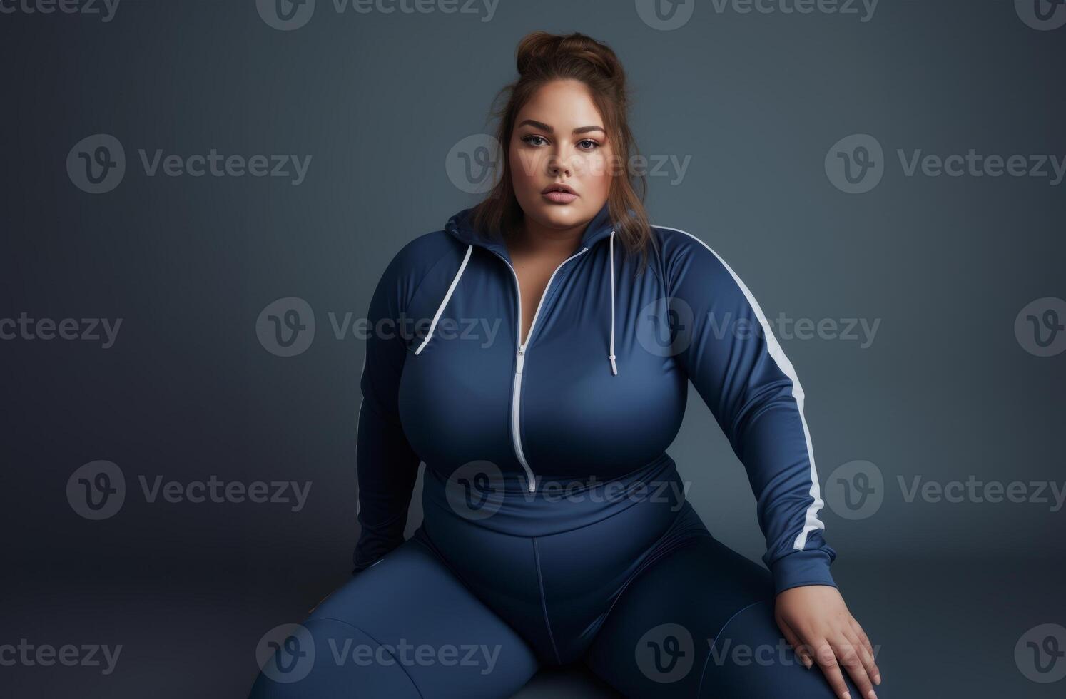 A plus-size woman in blue workout clothes strikes a pose of strength and determination on a blue mat.Generated image photo