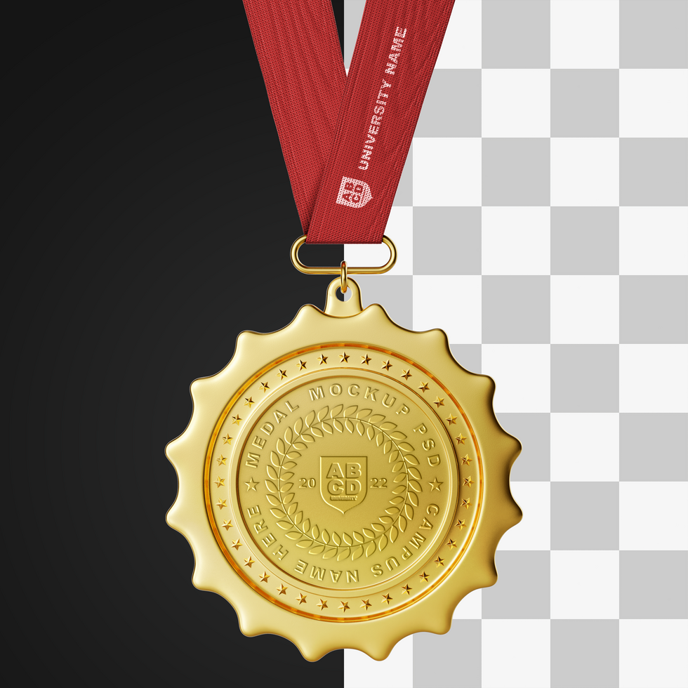 realistic first prize achievement award round circle shape gold winner medal with strap editable mockup psd