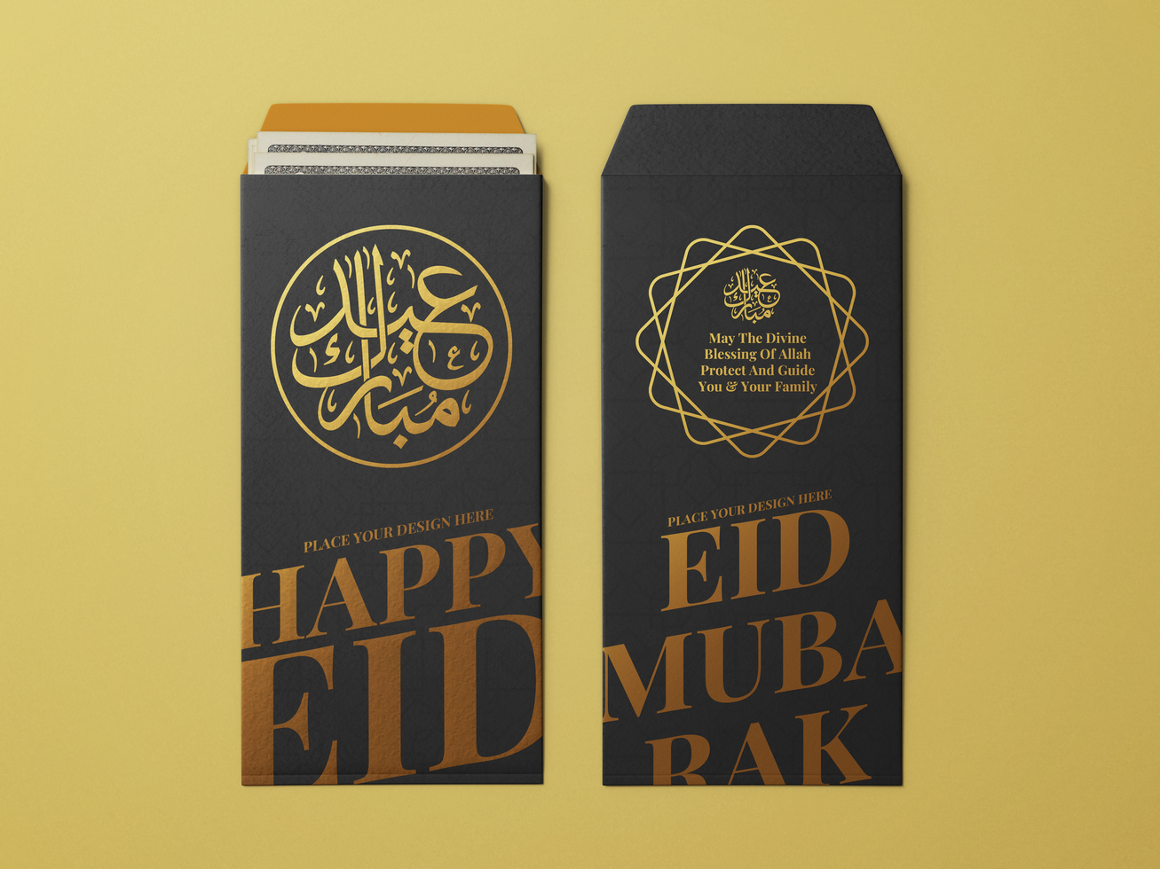 eidi gift envelope cover with gold foil print vertical greeting card editable realistic mockup psd