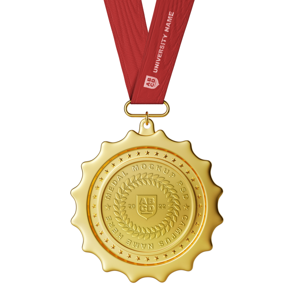 realistic first prize achievement award round circle shape gold winner medal with strap editable mockup psd
