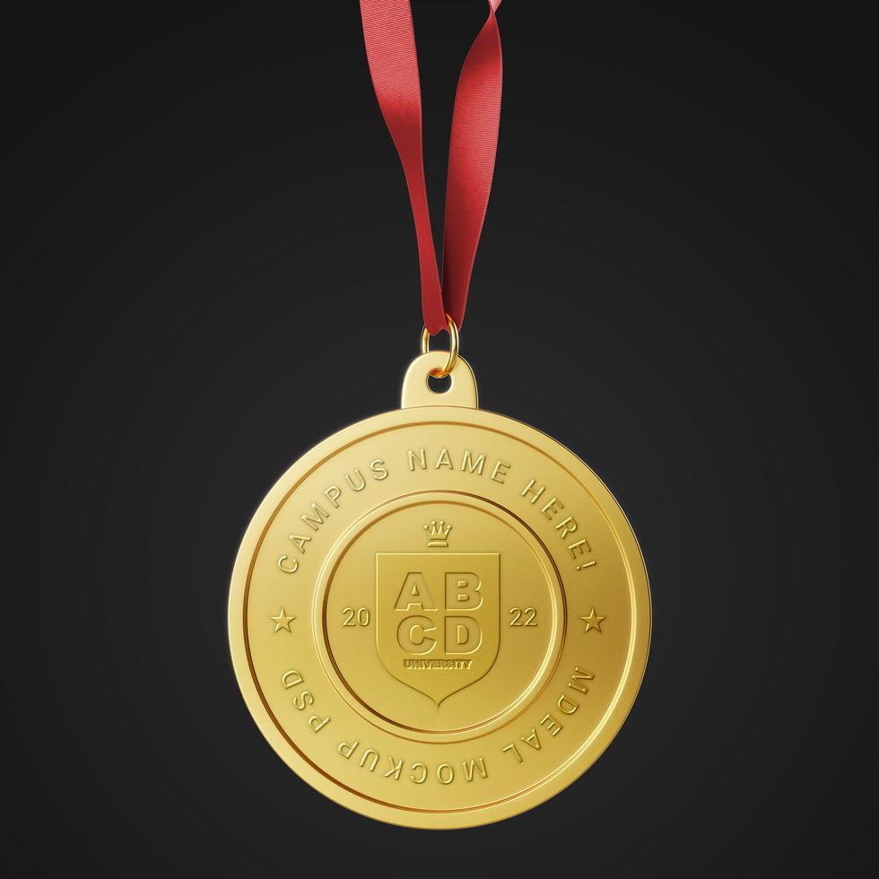 realistic first prize achievement award round circle shape gold winner medal with strap editable mockup psd