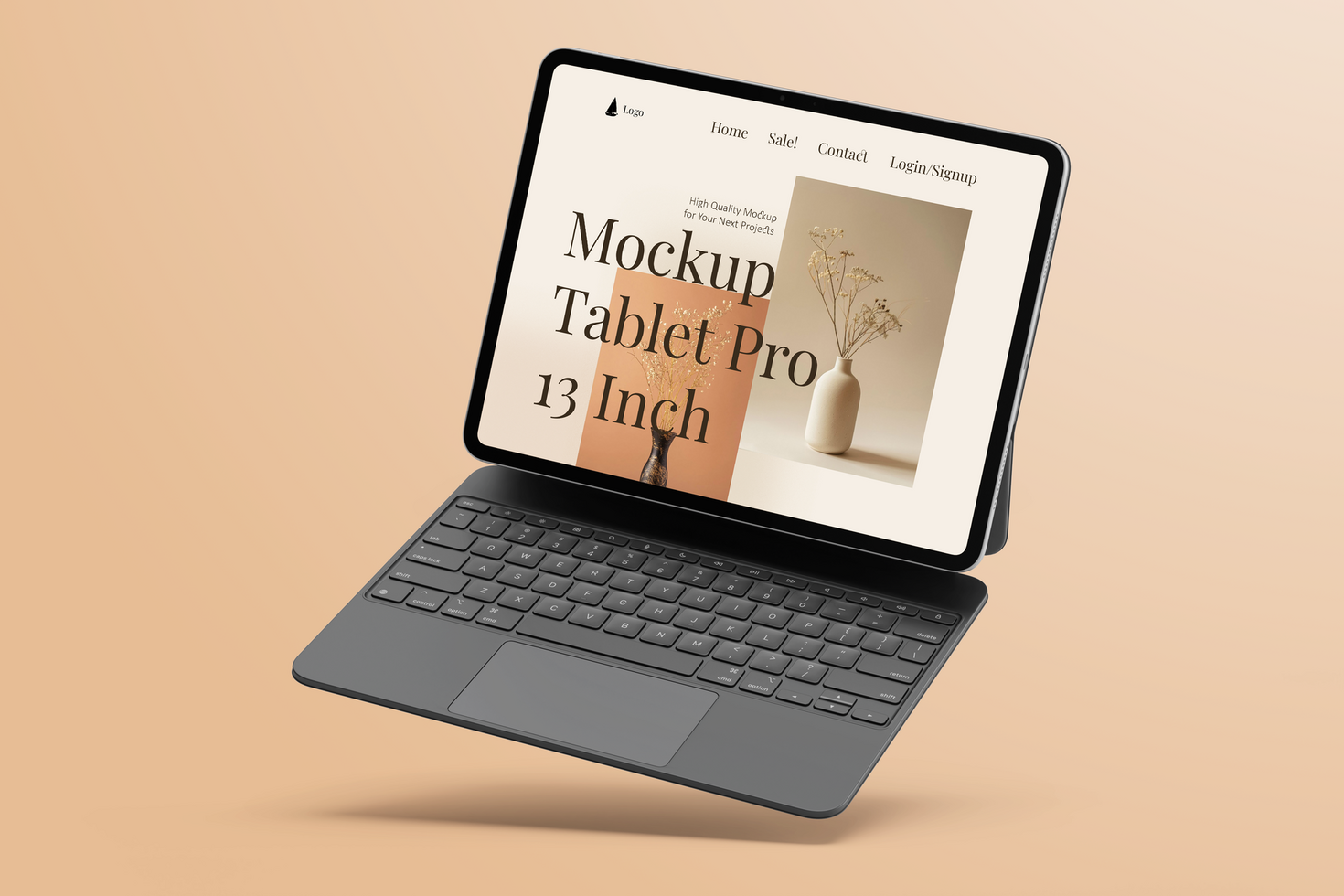 tablet pro 13 inch display screen mobile device with magnetic keyboard realistic mockup design template psd
