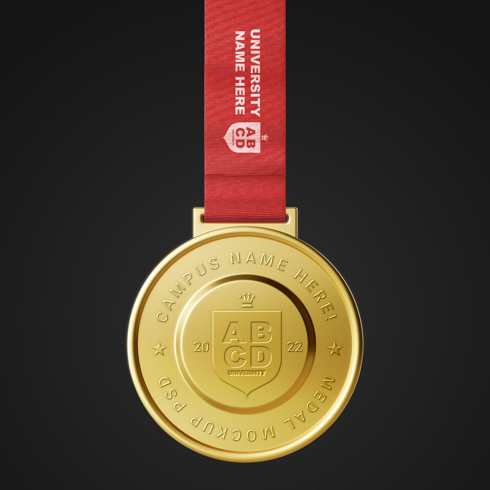 realistic first prize achievement award round circle shape gold winner medal with strap editable mockup psd