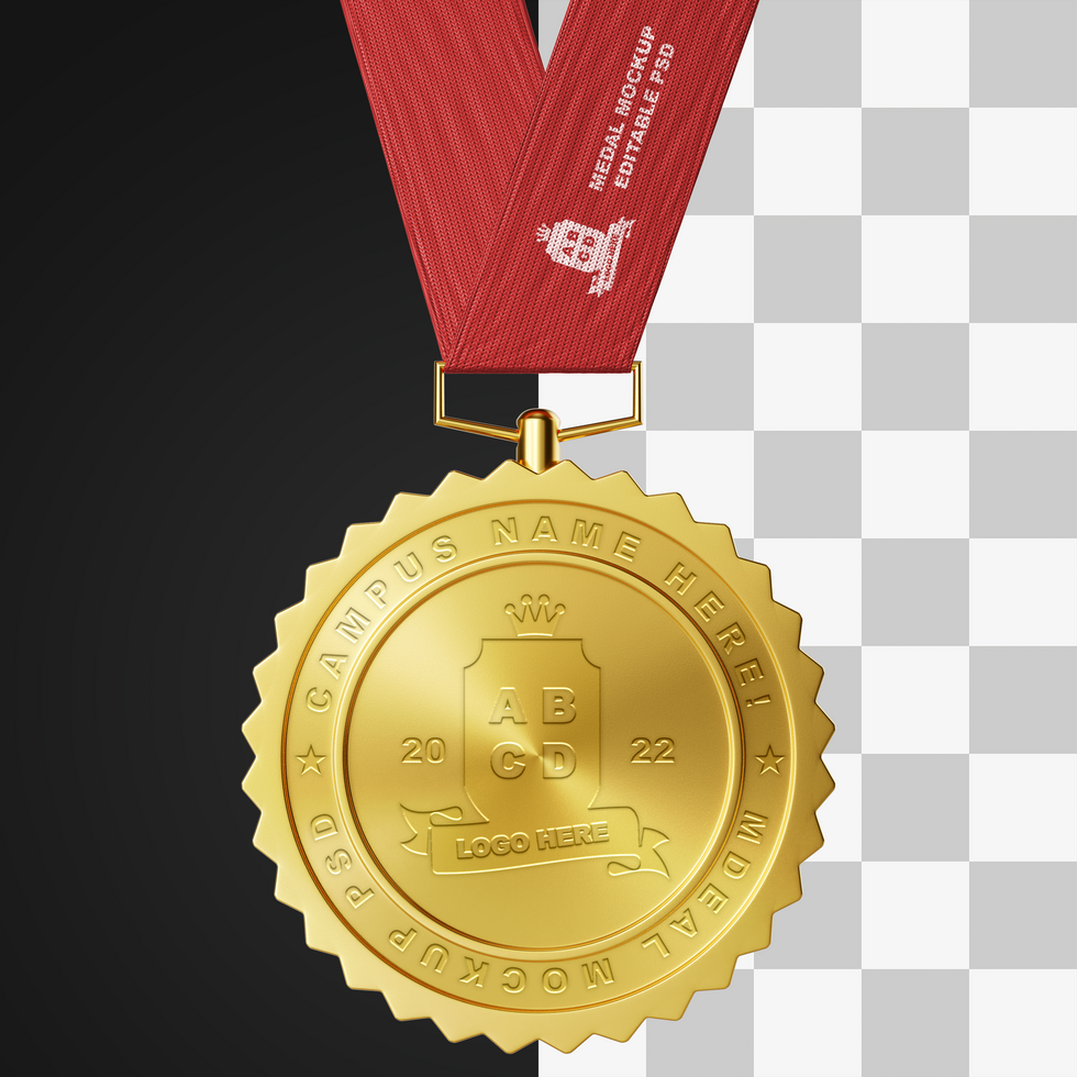 realistic first prize achievement award round circle shape gold winner medal with strap editable mockup psd