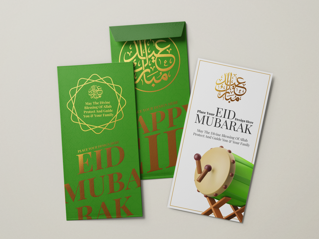 eidi gift envelope cover with gold foil print vertical greeting card editable realistic mockup psd