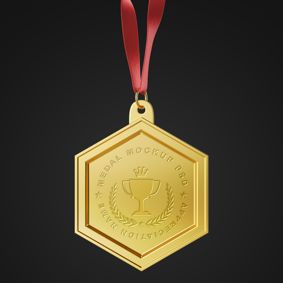 realistic first prize achievement award hexagon shape gold winner medal with strap editable mockup psd