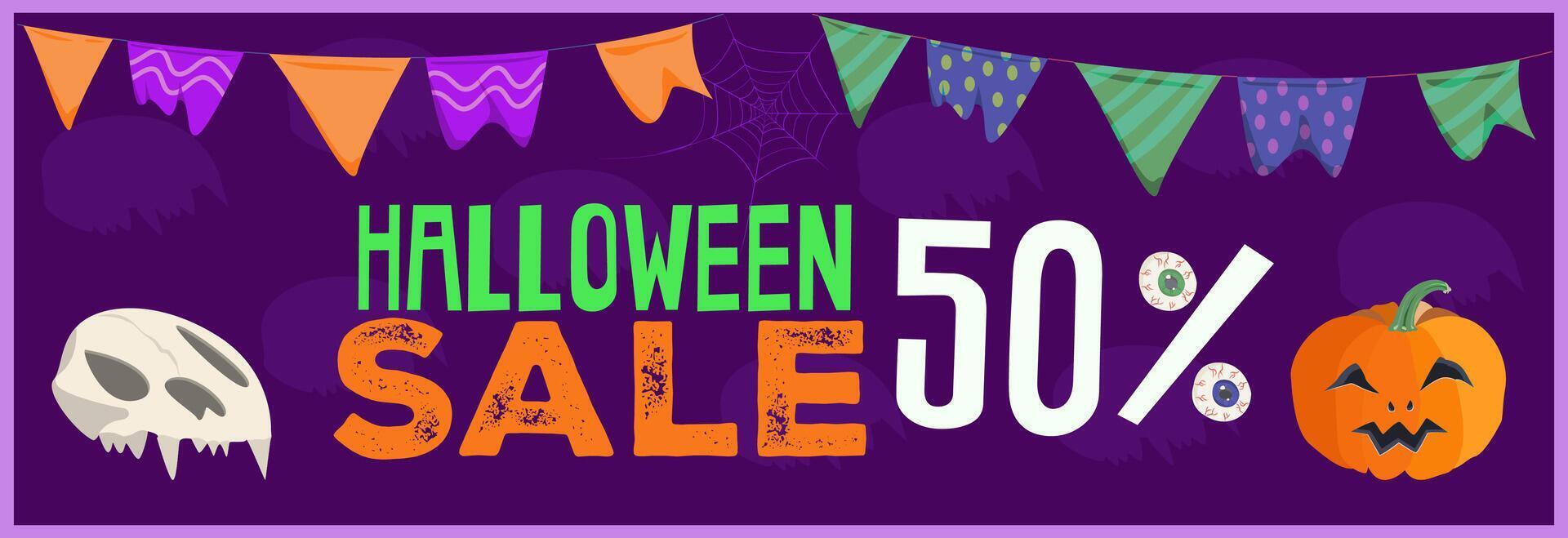Halloween Horizontal banner Sale 50. Pumpkin Skull and triangular old flags. Design for print banner for holiday discount in offline magazine vector