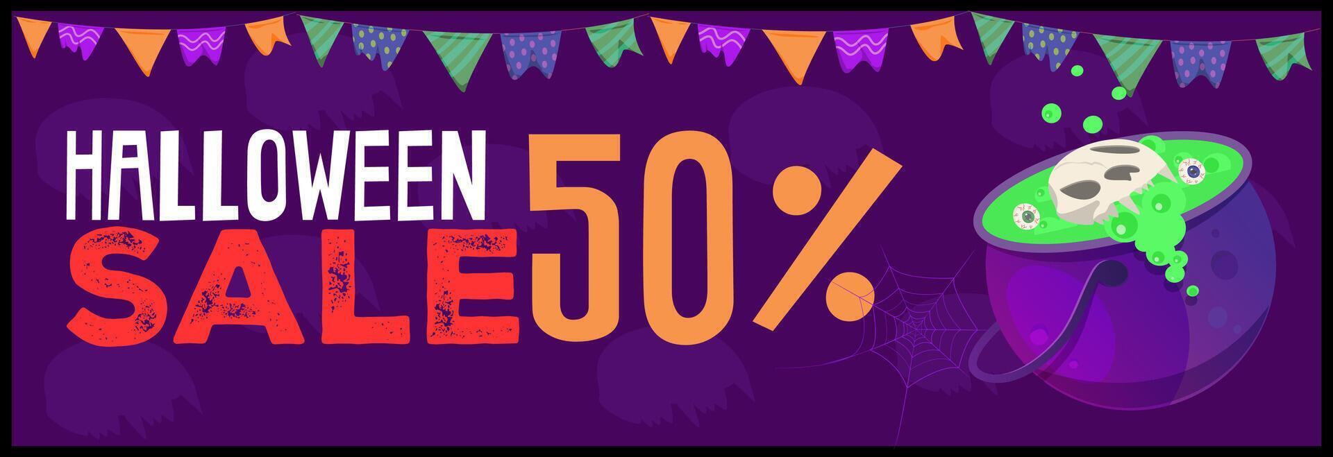 Halloween sale, up to 50 off, horizontal discount web banner with halloween Cauldron, Green Potion with Skull cat. Discount invitation for magazine, online shop vector