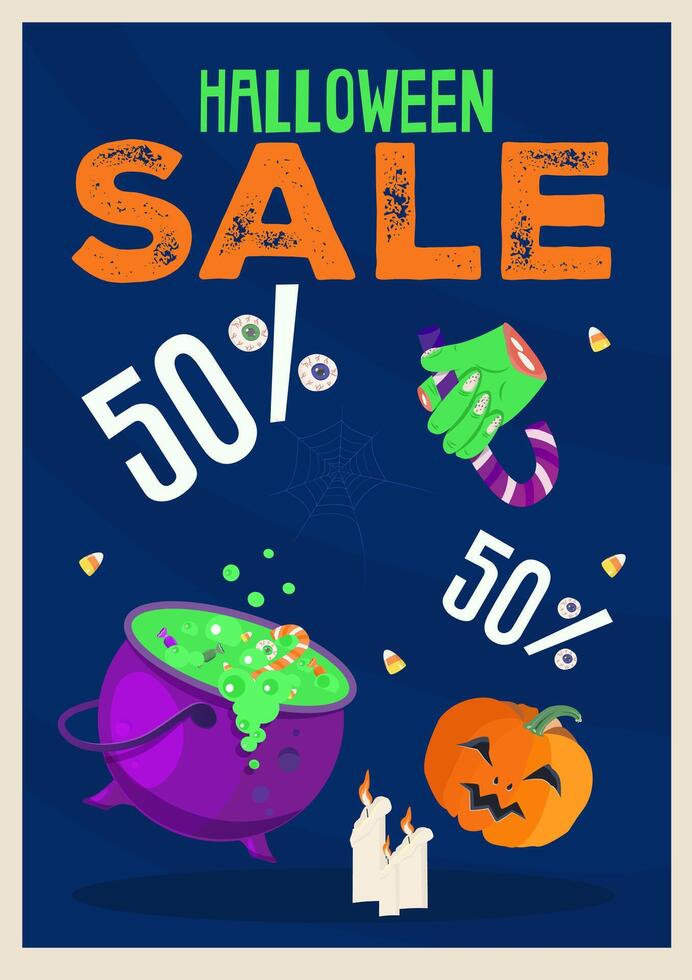 Halloween Special Offer Banner 50 With Cauldron with green potion, candies. Pumpkin and Zombie Hand. Up to 50 . can use for Poster, Banner, Special Offer, Discount. Bright vertical template vector