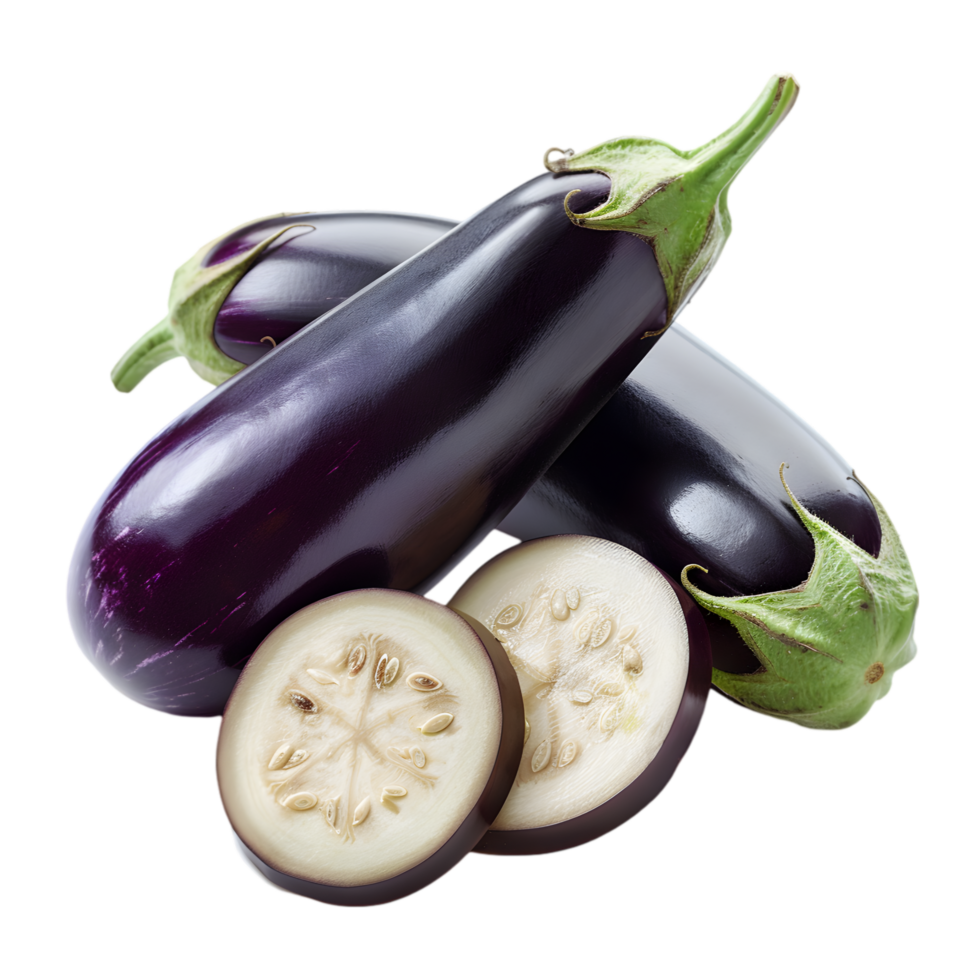 Eggplants and slices isolated on a transparent background png