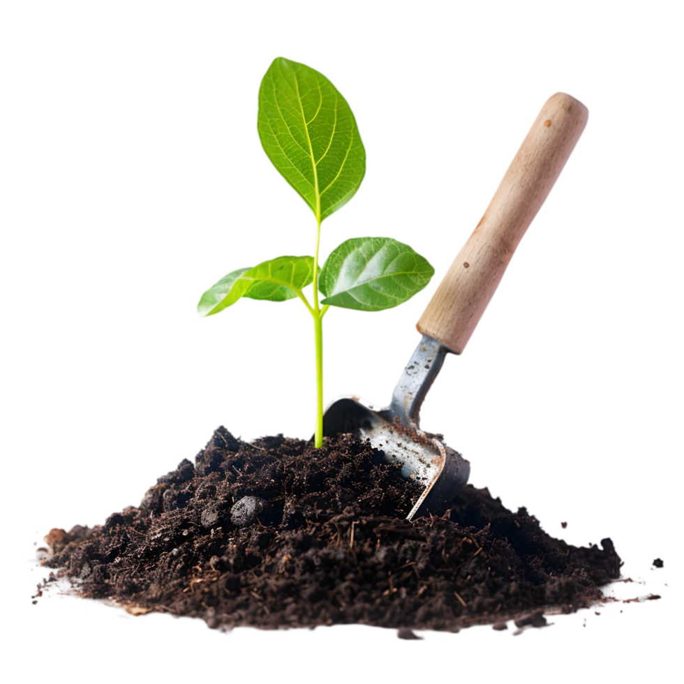 Young tree with gardening trowel on a transparent background png