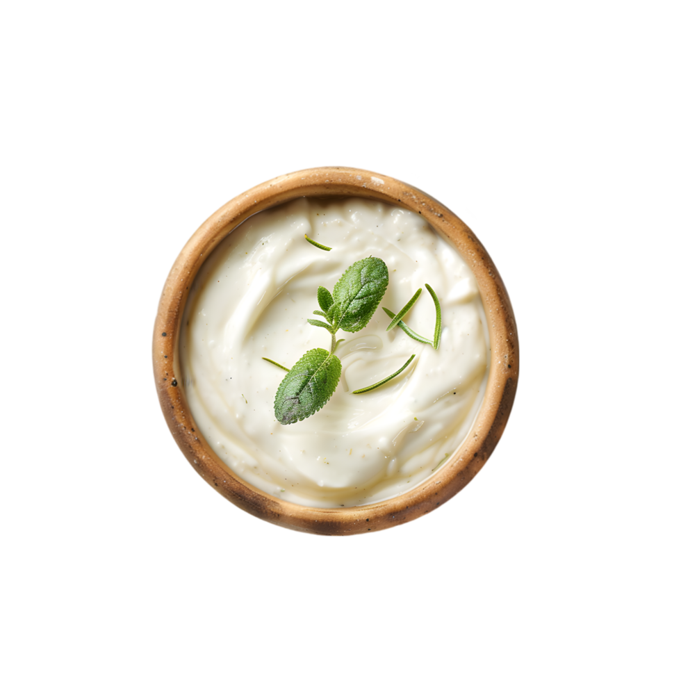 Herb garnish on creamy sauce in wooden bowl isolated on a transparent background png