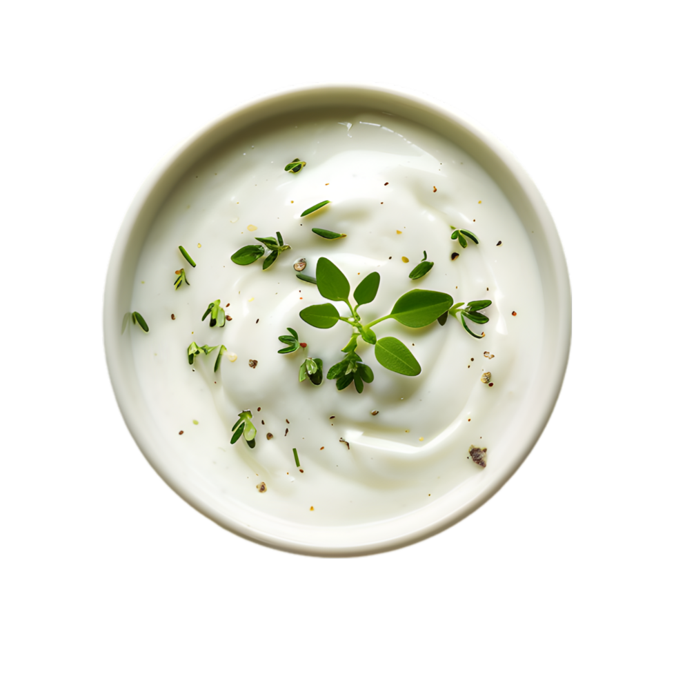 Creamy sauce with herb garnish in wooden bowl isolated on a transparent background png