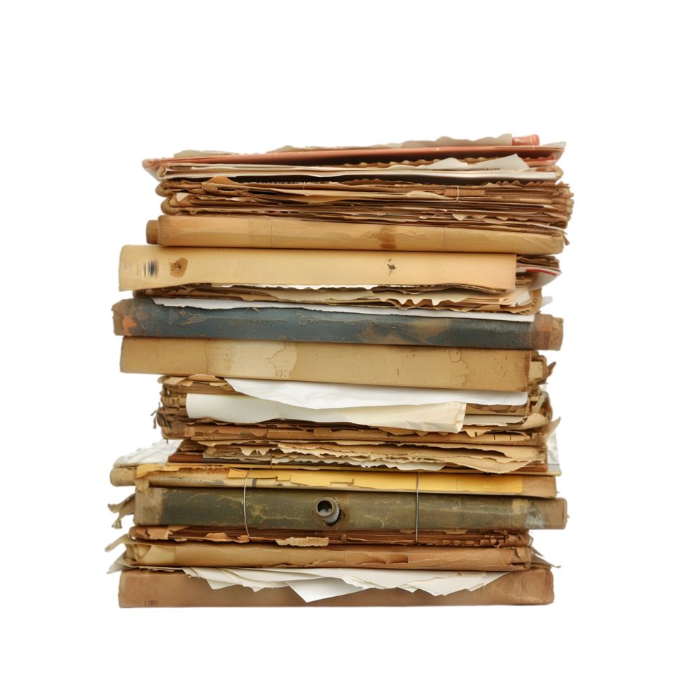 Stack of papers and files isolated on a transparent background png