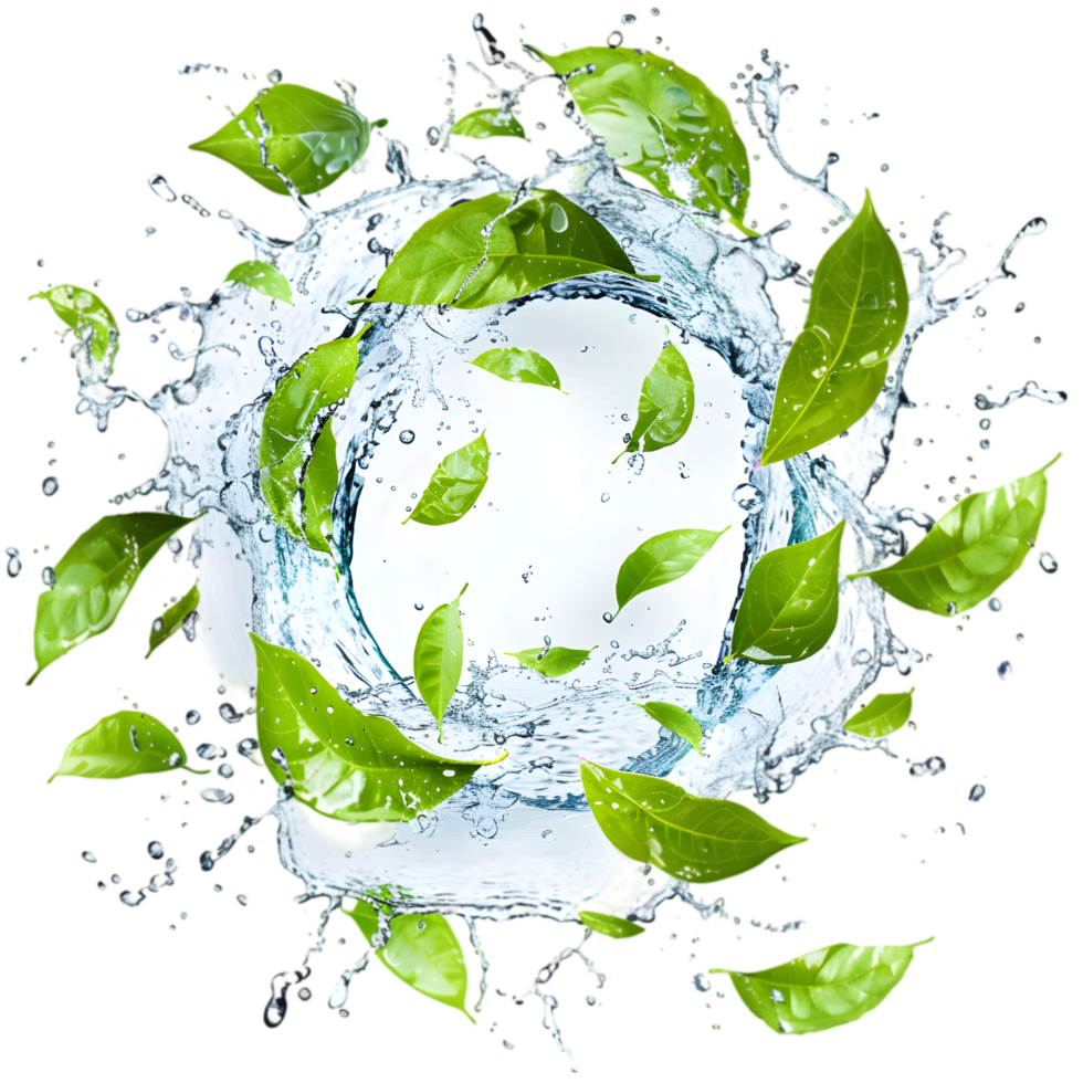 Green leaves with water splash isolated on a transparent background png