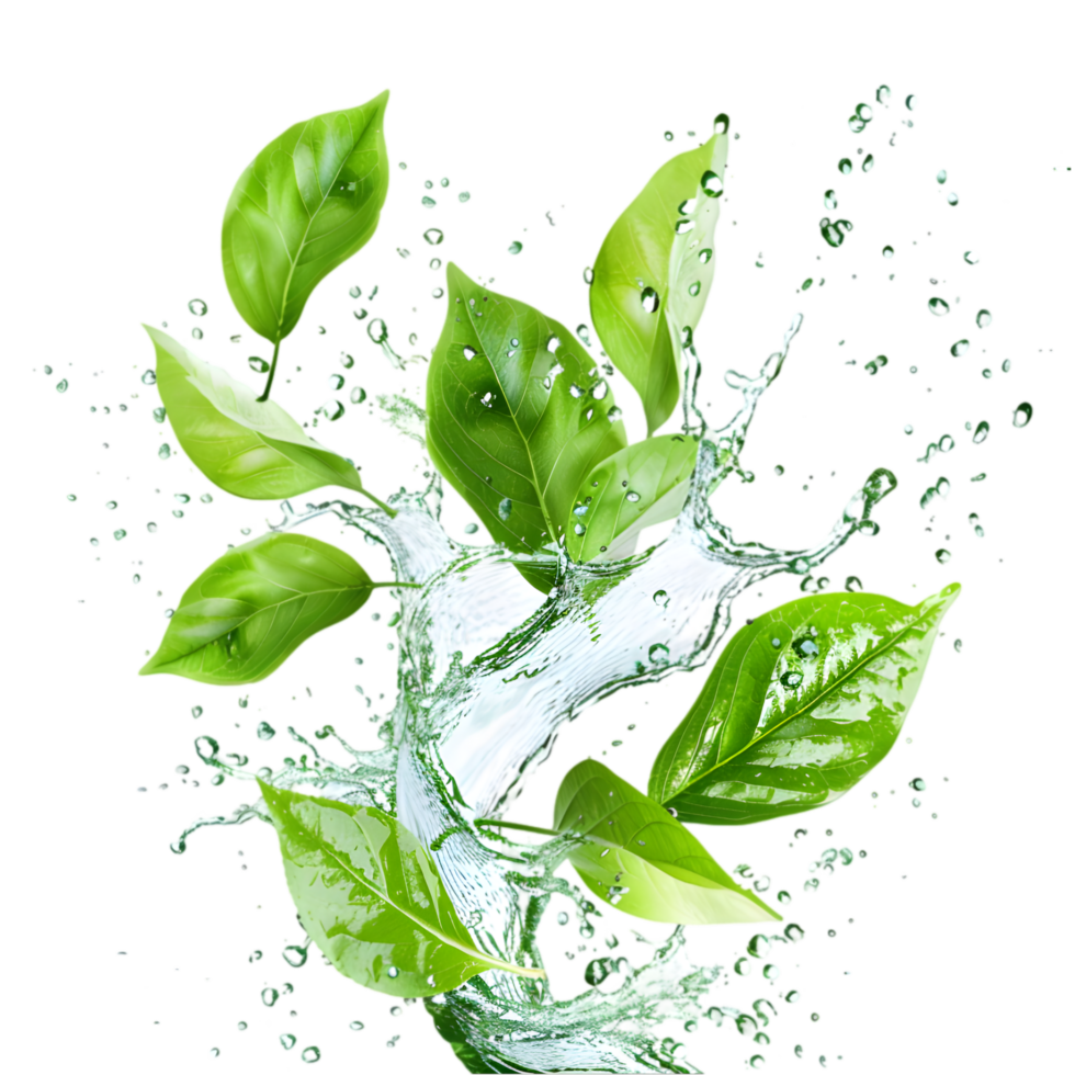 Green leaves with water splash isolated on a transparent background png