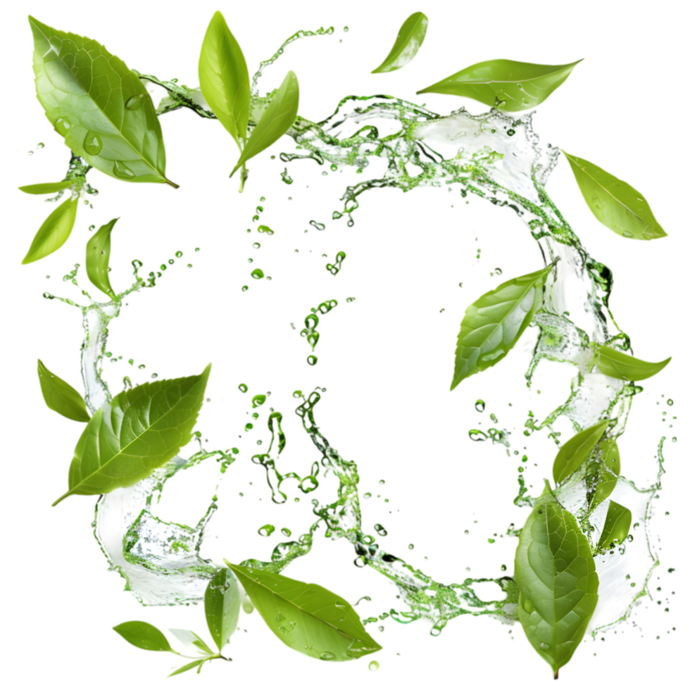 Green leaves with water splash isolated on a transparent background png