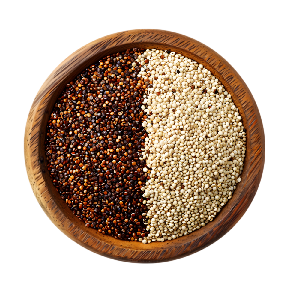 Assorted quinoa seeds in a wooden bowl isolated on a transparent background png