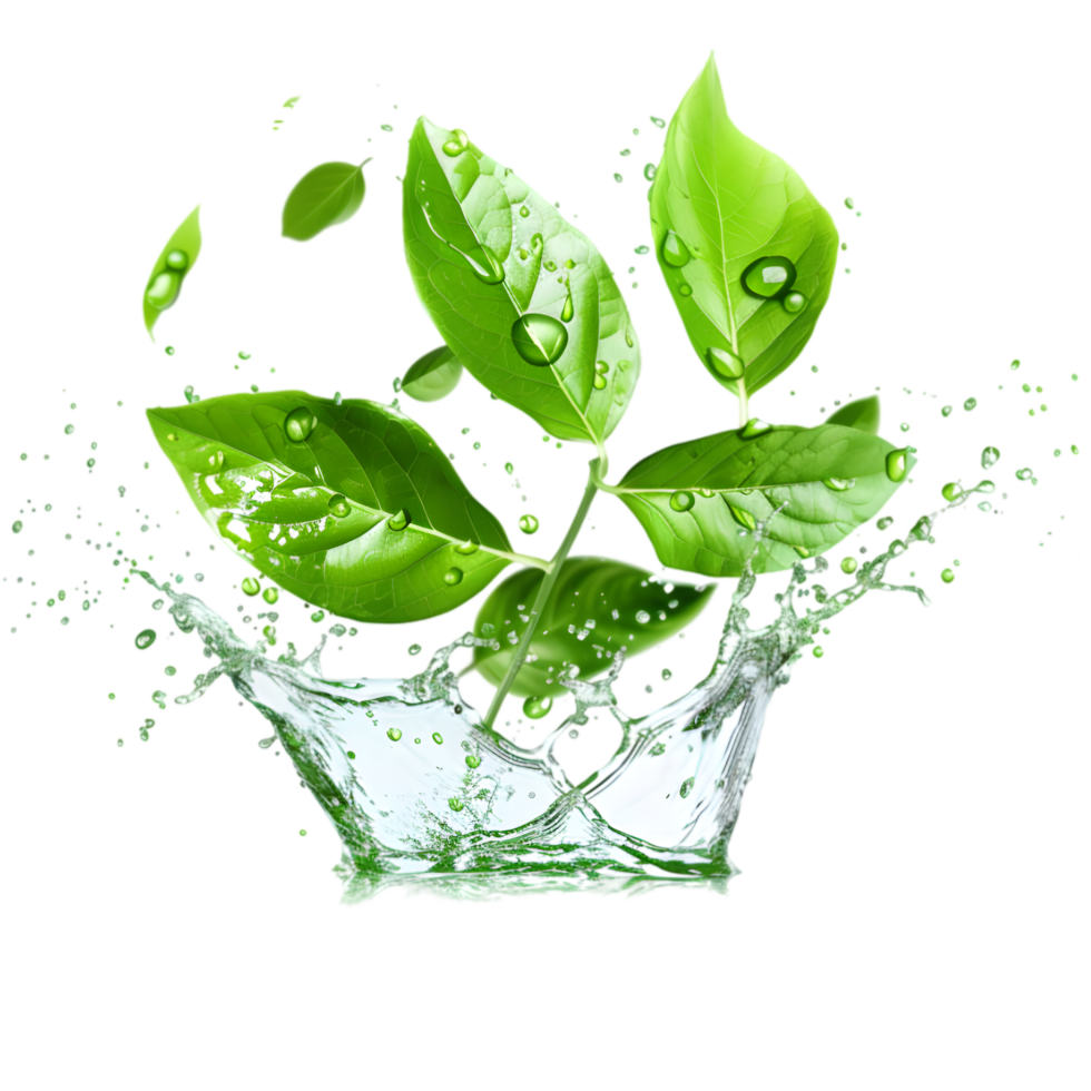 Green leaves with water splash isolated on a transparent background png