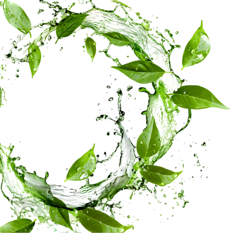 Green leaves with water splash isolated on a transparent background png