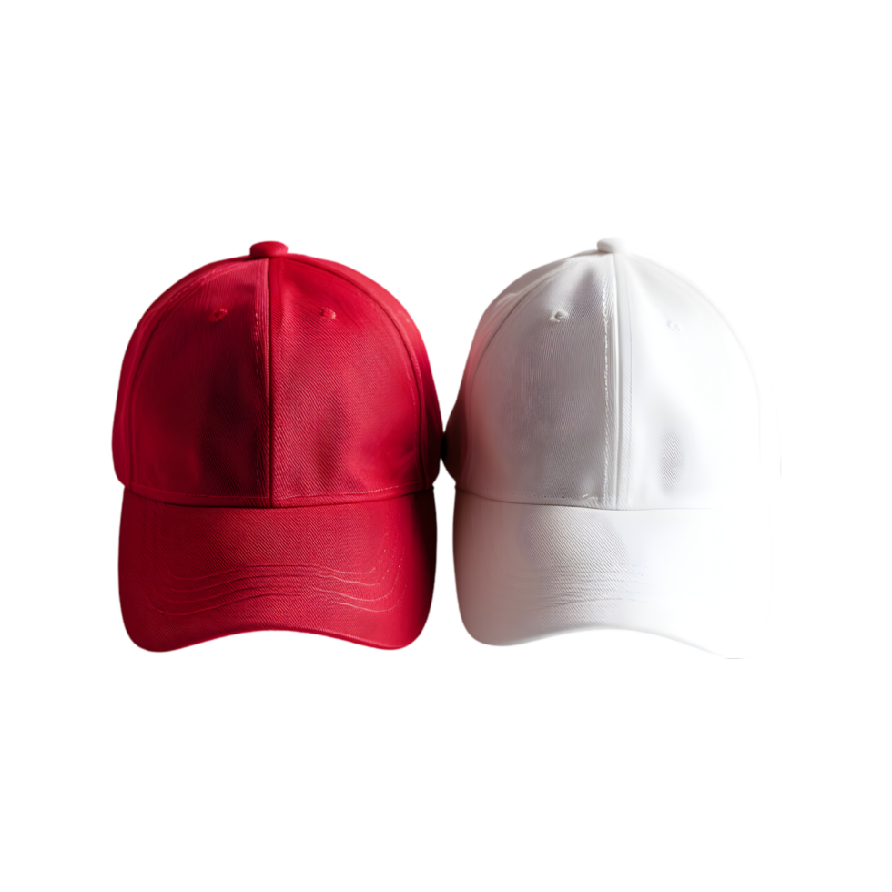 White and red baseball caps isolated on a transparent background png