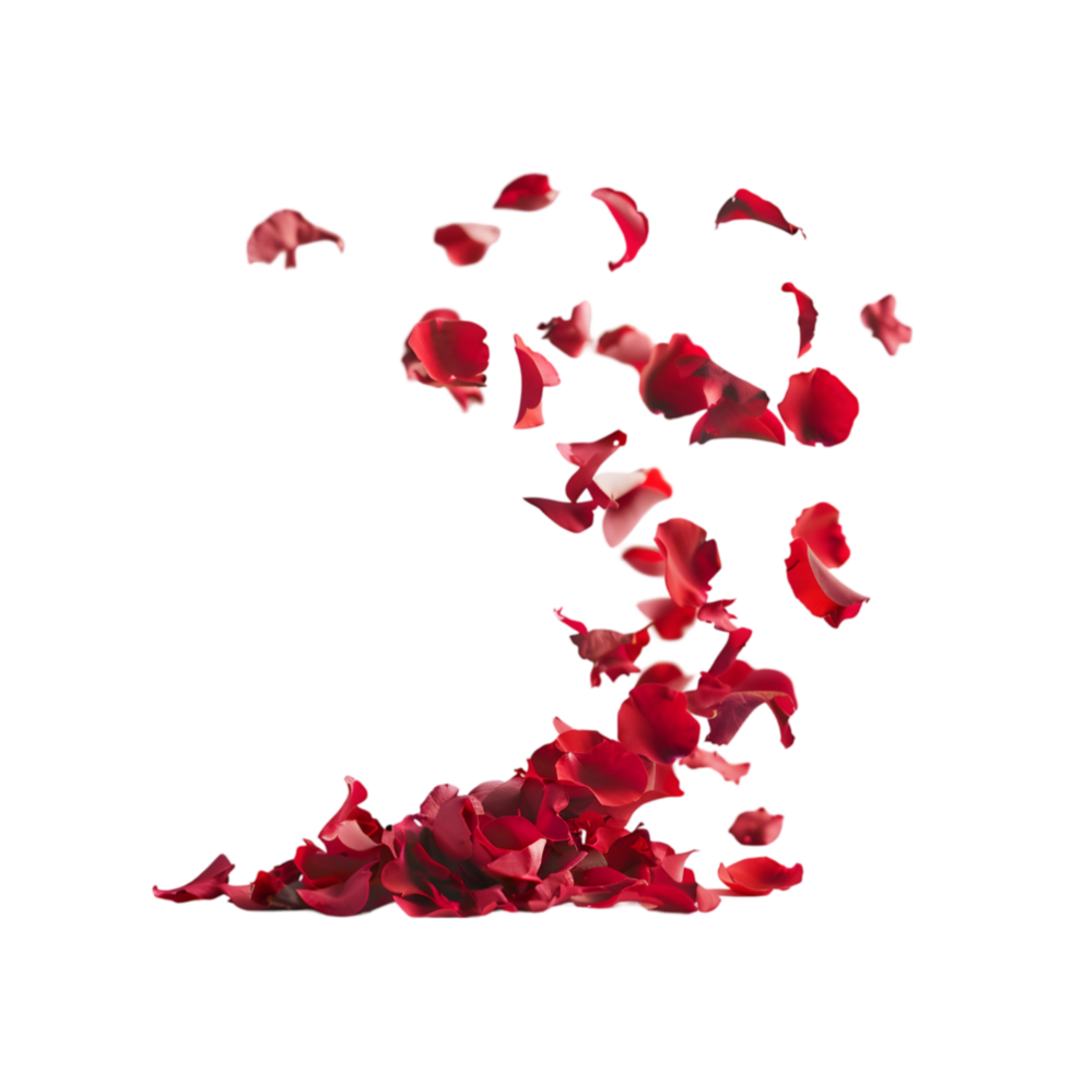 Red rose petals falling isolated on a transparent background png