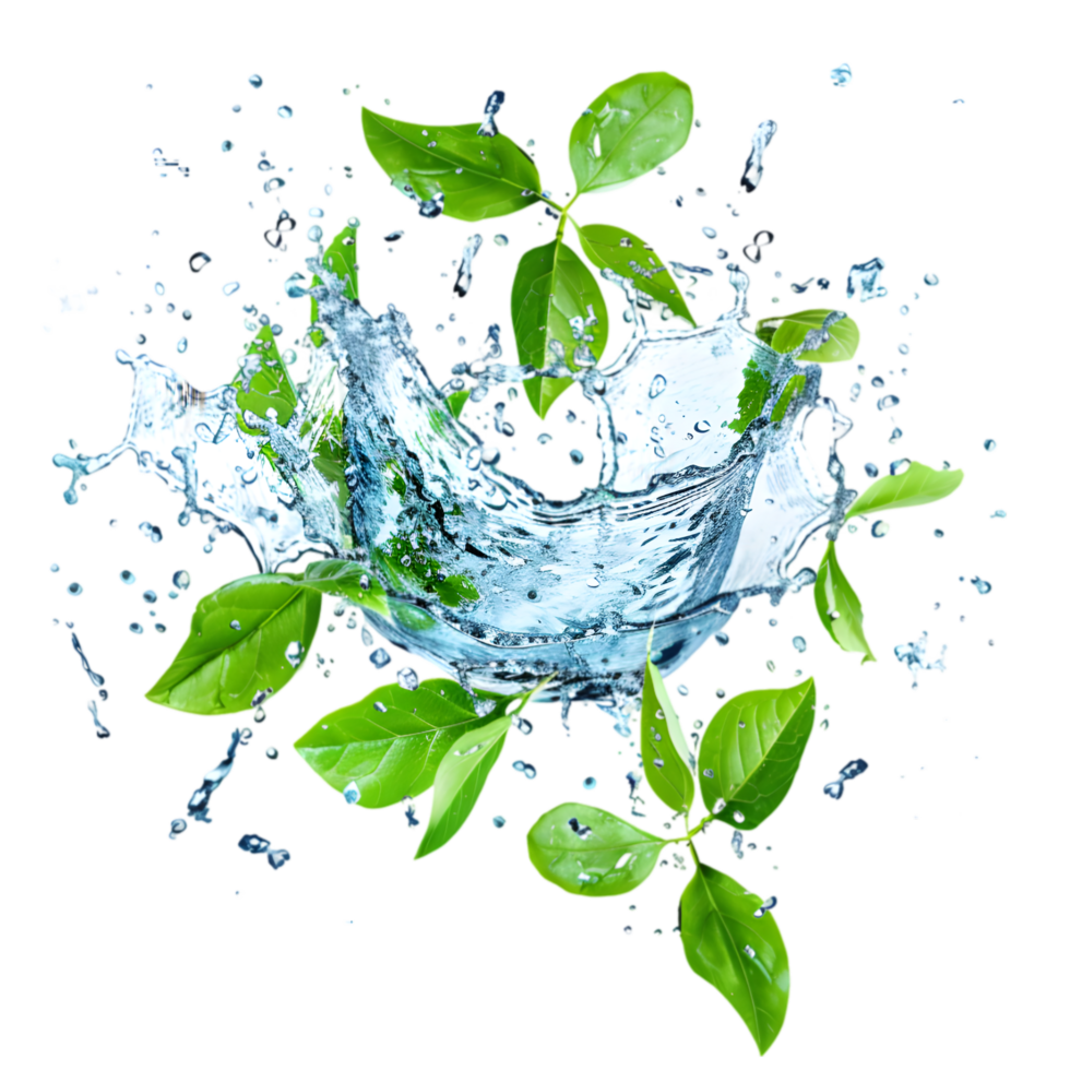Green leaves with water splash isolated on a transparent background png