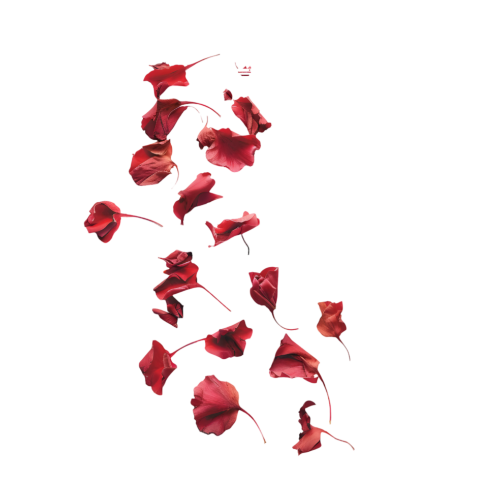Red rose petals falling isolated on a transparent background png