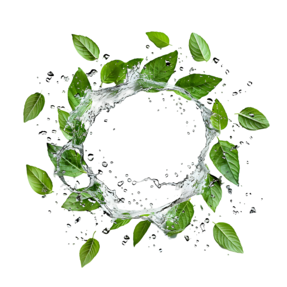 Green leaves with water splash isolated on a transparent background png
