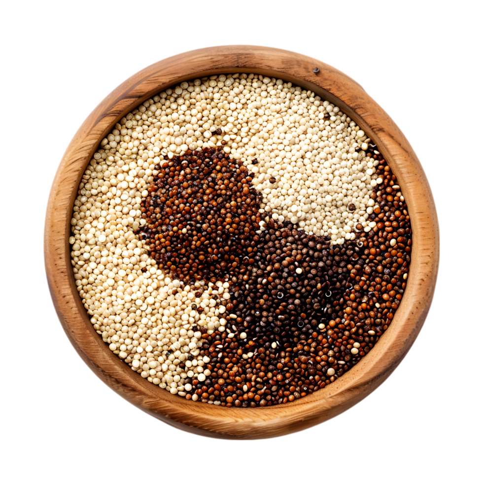 Assorted quinoa seeds in a wooden bowl isolated on a transparent background png