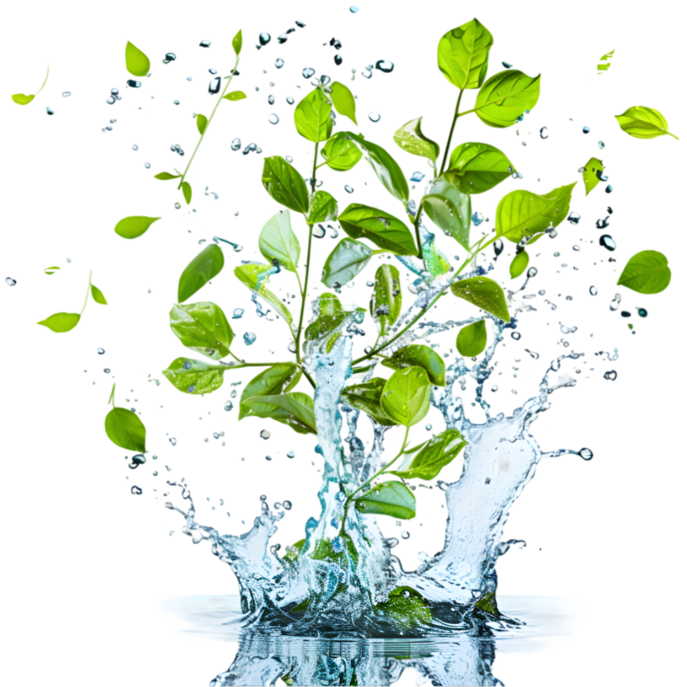 Green leaves with water splash isolated on a transparent background png