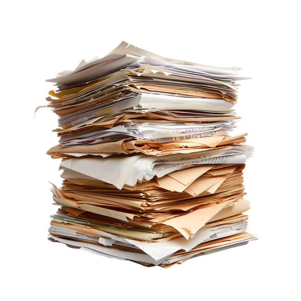 Stack of papers and files isolated on a transparent background png