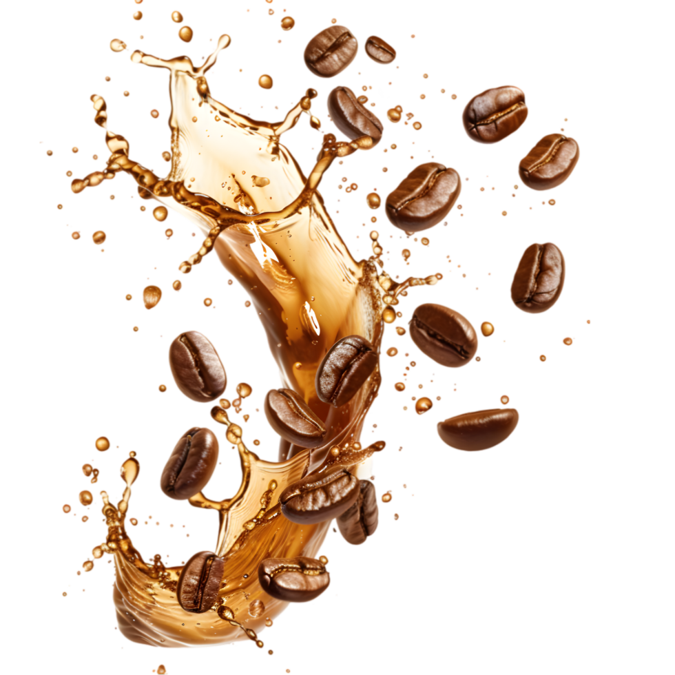 Coffee splash with beans isolated on a transparent background png