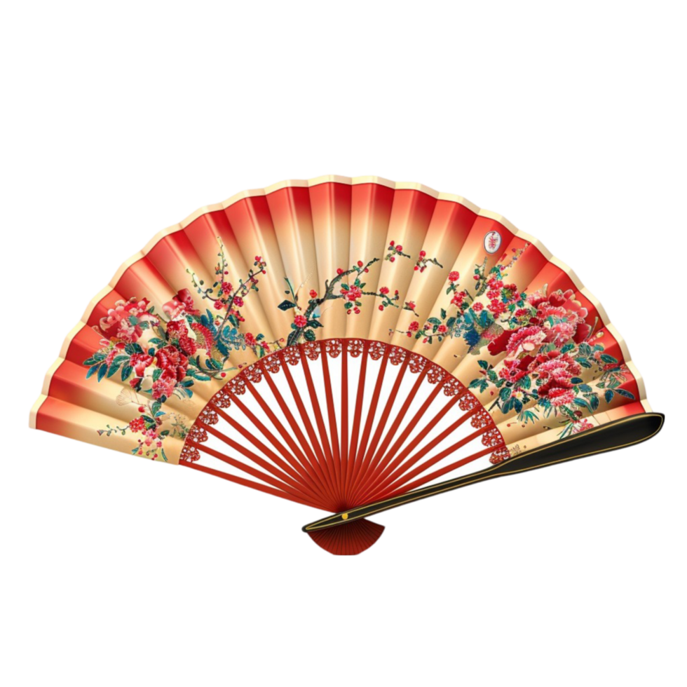 a red and gold oriental fan with flowers on it Genereted AI png