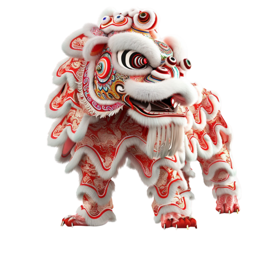 Genereted AIa lion with red and white decorations on it png