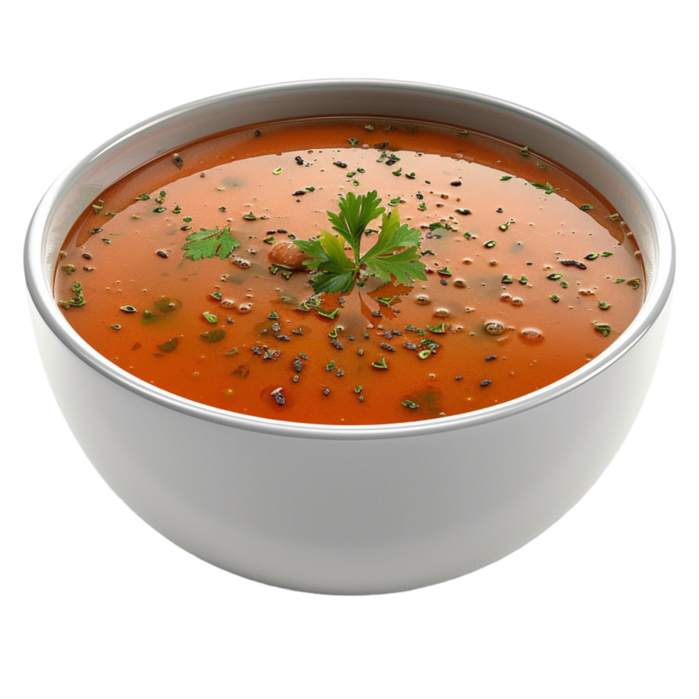 A bowl of tomato soup with herbs on a white background Genereted AI png