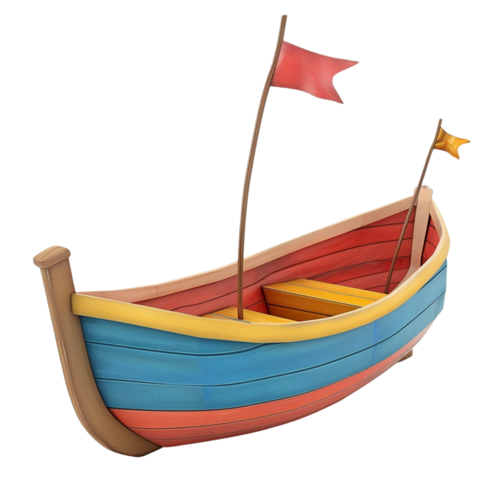A wooden boat with to flags yellow and red Genereted AI png