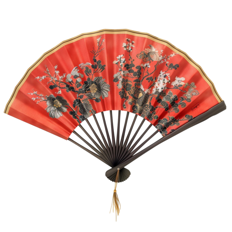 Oriental Fan with Flowers and Leaves On Transparent Background. Genereted AI png