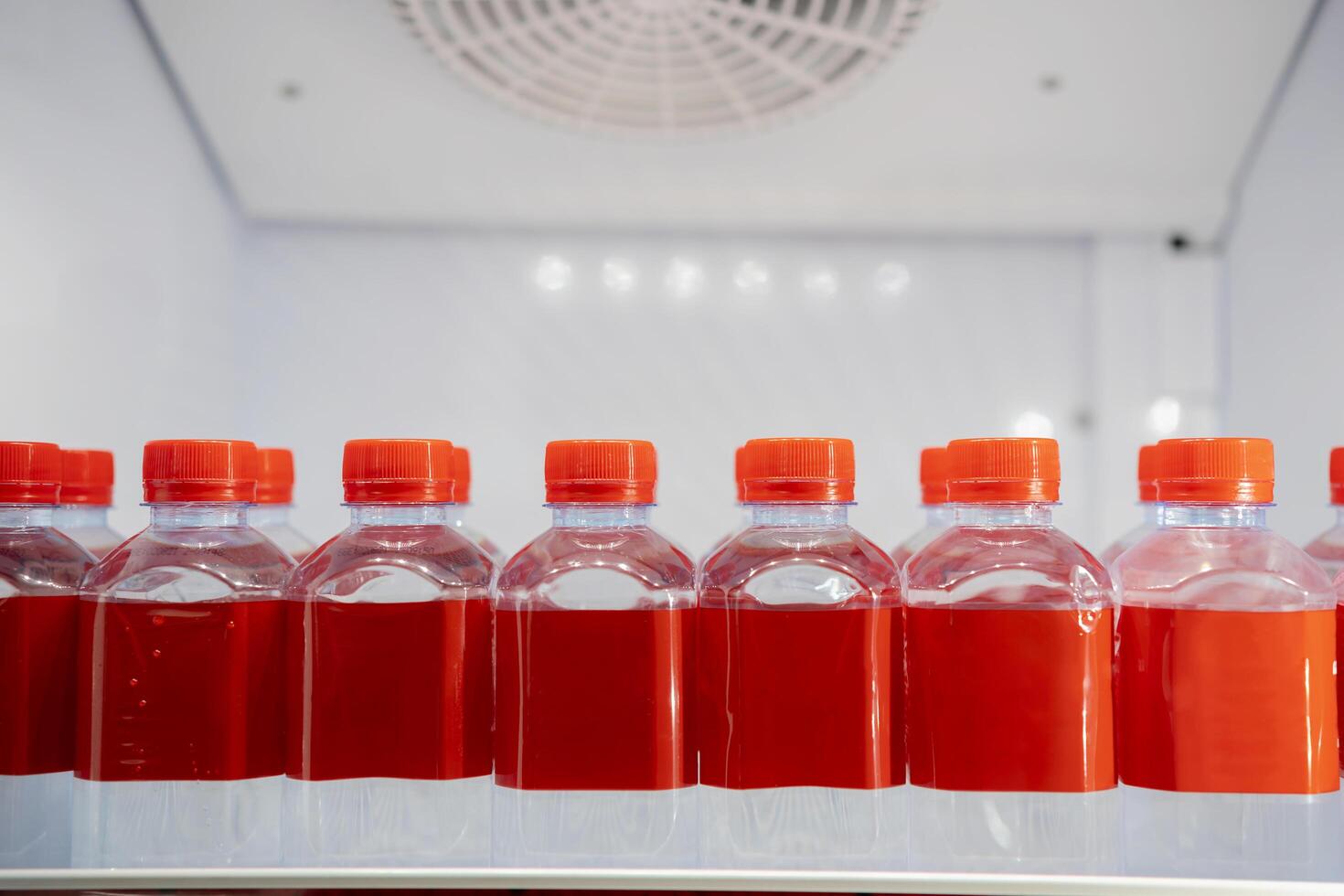 Rows of many transparent plastic bottles with drinking water supply in white refrigerator. Mineral water stack storage in fridge to drink on hot summer day. Healthcare and dehydration prevention photo