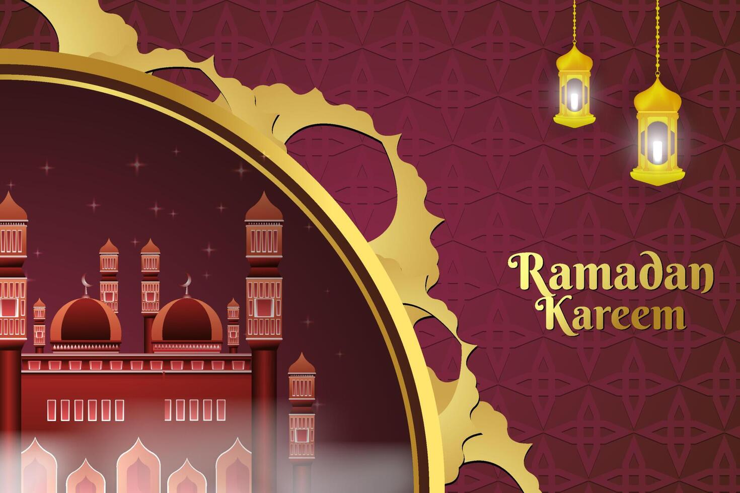 Ramadan Kareem Islamic background red gold with beautiful mosque and element vector