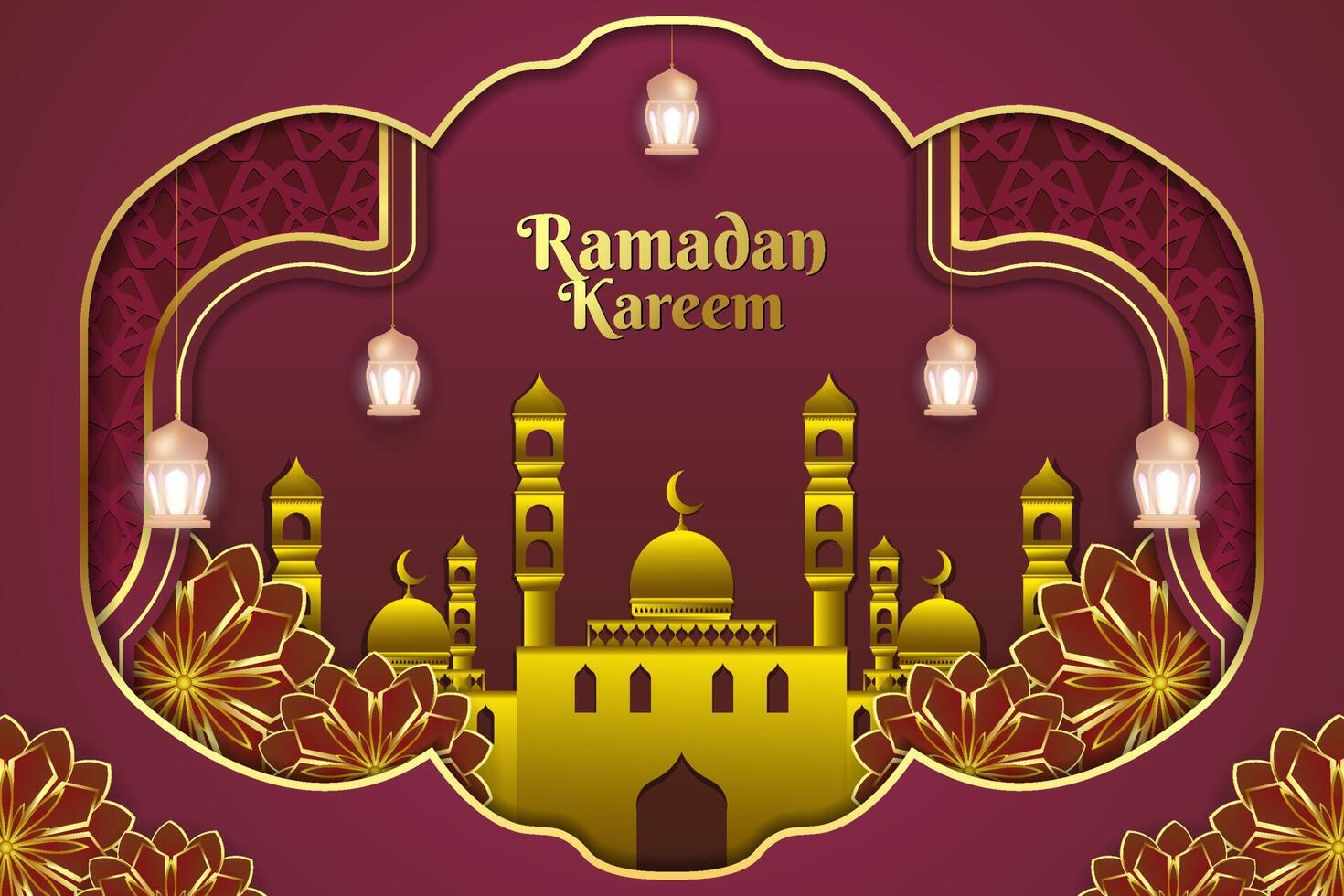 Islamic background Ramadan Kareem red and gold color with beautiful mosque vector