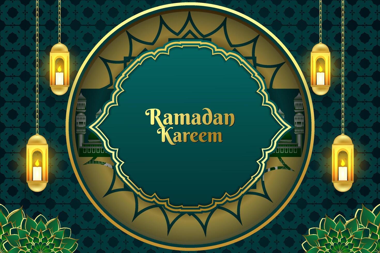 Ramadan Kareem background Islamic green and gold color with element vector