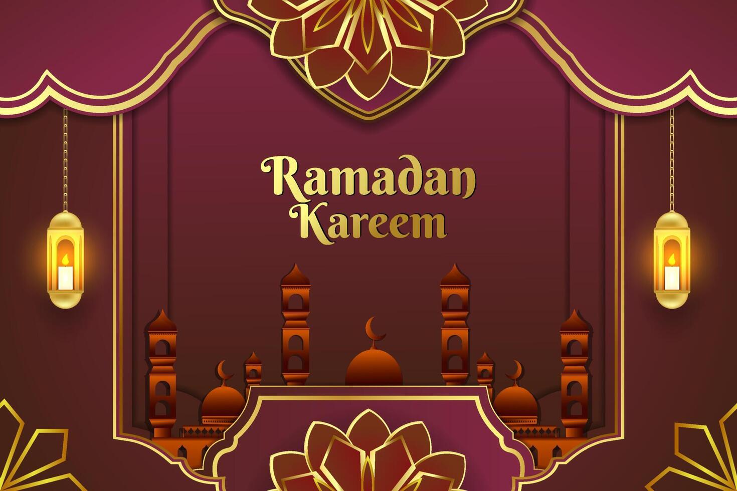 Ramadan Kareem background red and gold color with mosque vector