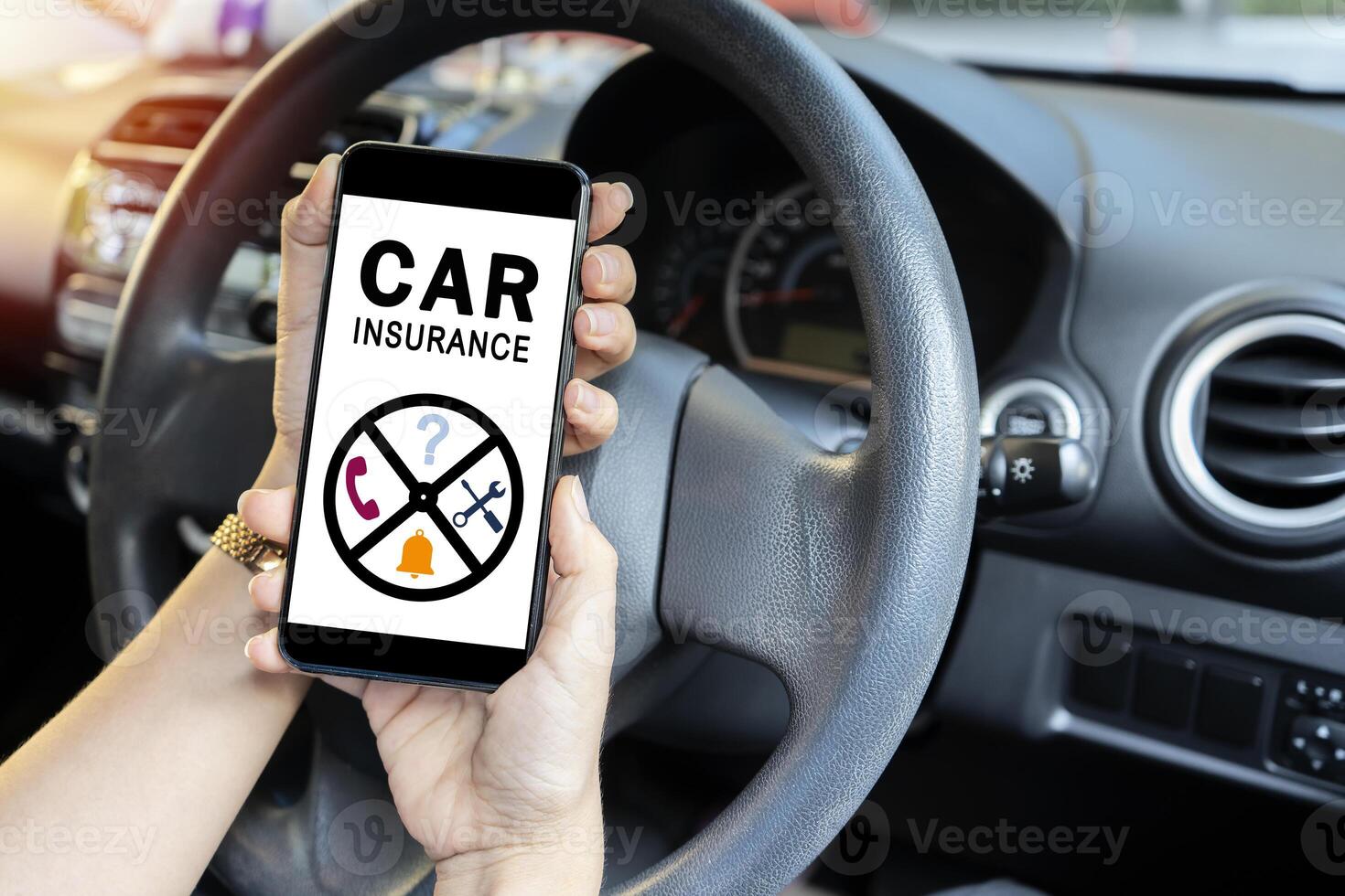 car insurance concept, driver reading website on smartphone. photo