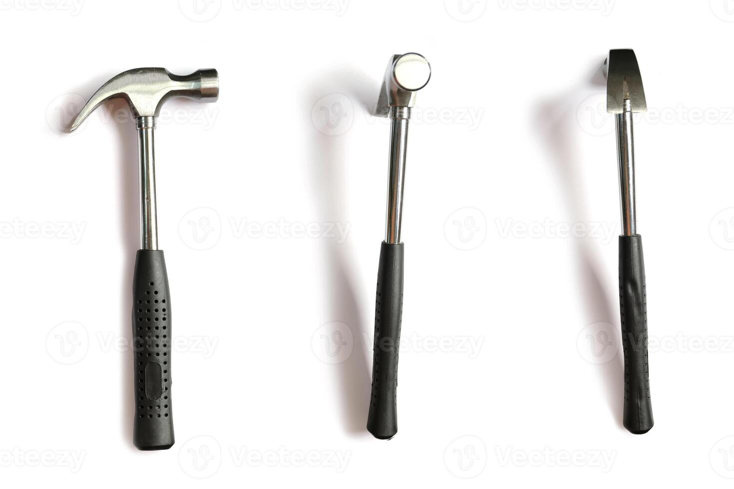 Traditional curved-claw hammer tool with black plastic handle viewed from the side horizontally. photo