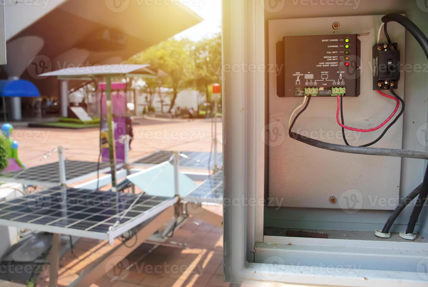 working solar station photovoltaic panels,Transformer is a front view. photo