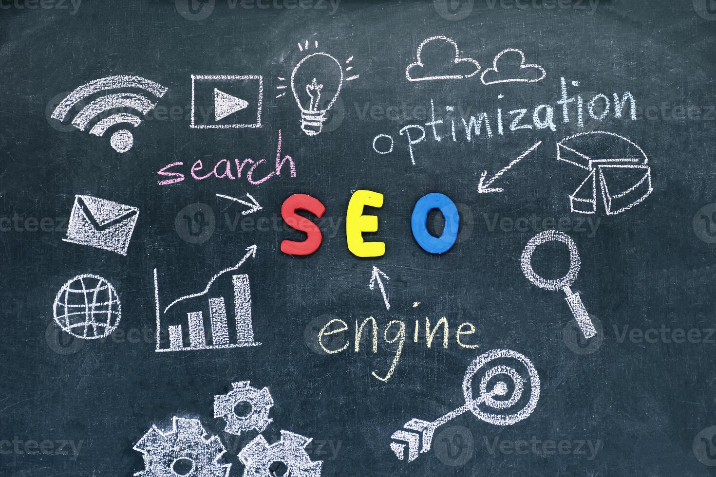 SEO, Search Engine Optimization ranking concept, at the center of wall chalkboard photo
